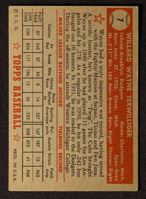 1952 Topps #7 Wayne Terwilliger Brooklyn Dodgers - Red Back