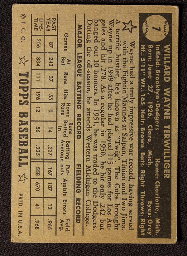 1952 Topps #7 Wayne Terwilliger Brooklyn Dodgers - Black Back