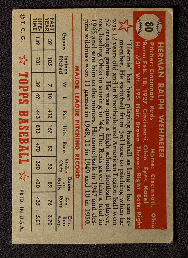 1952 Topps #80 Herman Wehmeier Cincinnati Reds - Red Back