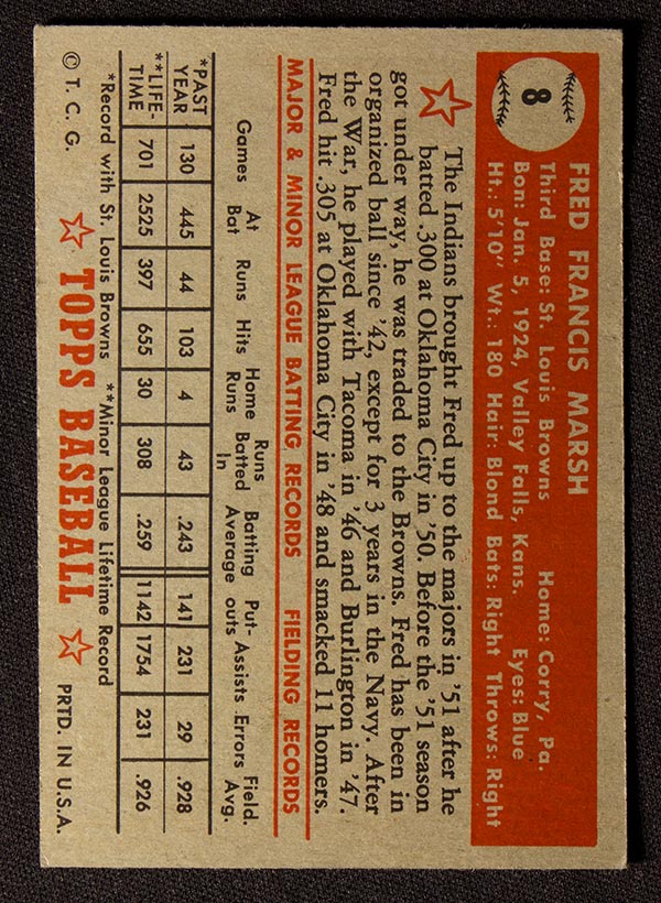 1952 Topps #8 Fred Marsh St. Louis Browns - Red Back