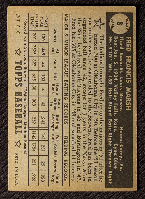 1952 Topps #8 Fred Marsh St. Louis Browns - Black Back