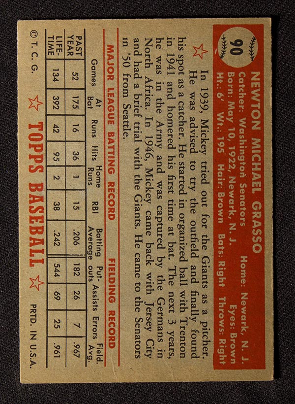 1952 Topps #90 Mickey Grasso Washington Senators - Back