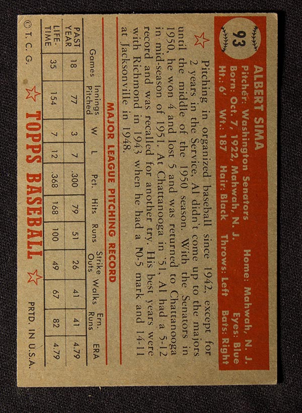 1952 Topps #93 Al Sima Washington Senators - Back