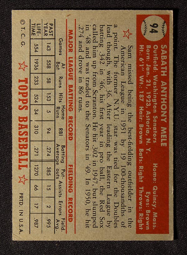 1952 Topps #94 Sam Mele Washington Senators - Back