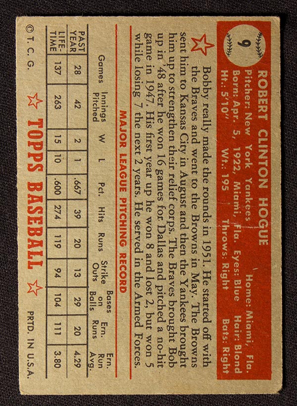 1952 Topps #9 Bobby Hogue New York Yankees - Red Back