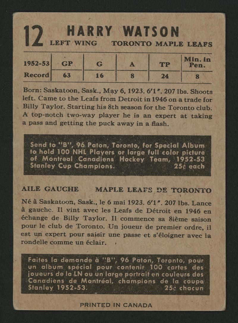 1953-1954 Parkhurst #12 Harry Watson Toronto Maple Leafs - Back