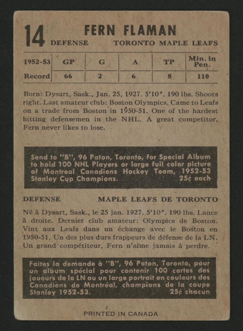 1953-1954 Parkhurst #14 Fern Flaman Toronto Maple Leafs - Back