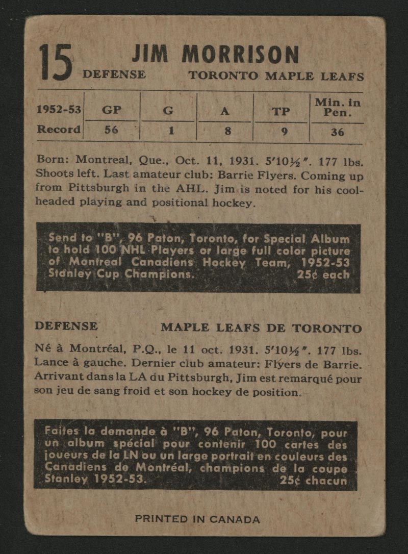 1953-1954 Parkhurst #15 Jim Morrison Toronto Maple Leafs - Back