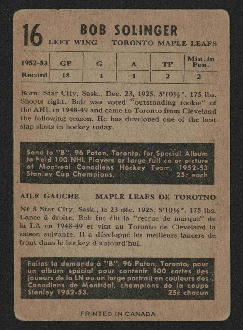 1953-1954 Parkhurst #16 Bob Solinger Toronto Maple Leafs - Back