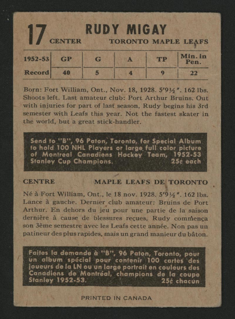 1953-1954 Parkhurst #17 Rudy Migay Toronto Maple Leafs - Back