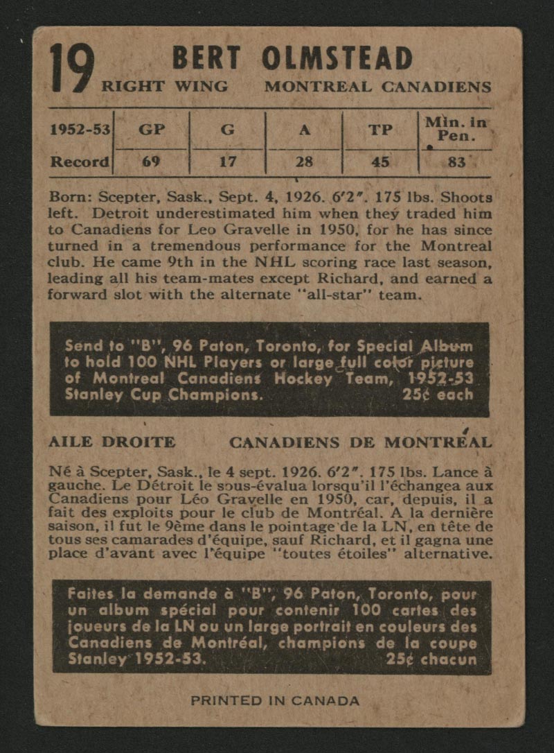 1953-1954 Parkhurst #19 Bert Olmstead Montreal Canadiens - Back