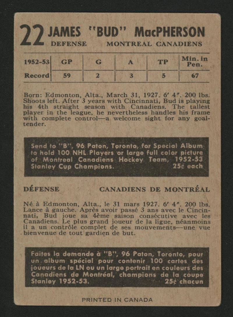 1953-1954 Parkhurst #22 “Bud” MacPherson Montreal Canadiens - Back