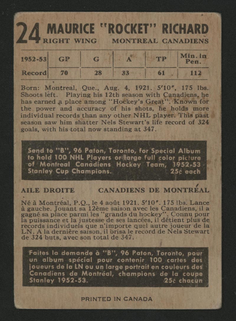 1953-1954 Parkhurst #24 Maurice Richard Montreal Canadiens - Back