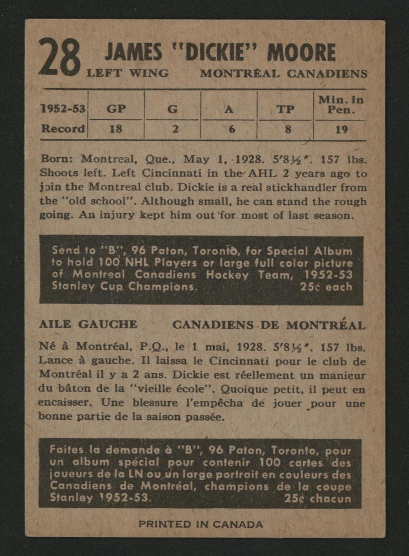 1953-1954 Parkhurst #28 “Dickie” Moore Montreal Canadiens - Back