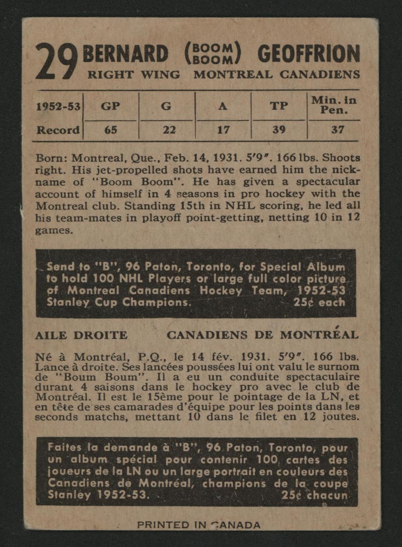 1953-1954 Parkhurst #29 Bernie Geoffrion Montreal Canadiens - Back