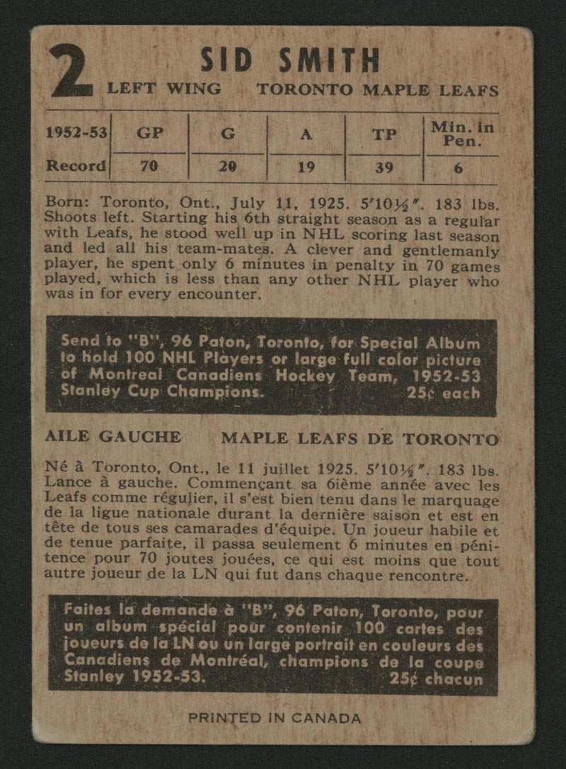 1953-1954 Parkhurst #2 Sid Smith Toronto Maple Leafs - Back