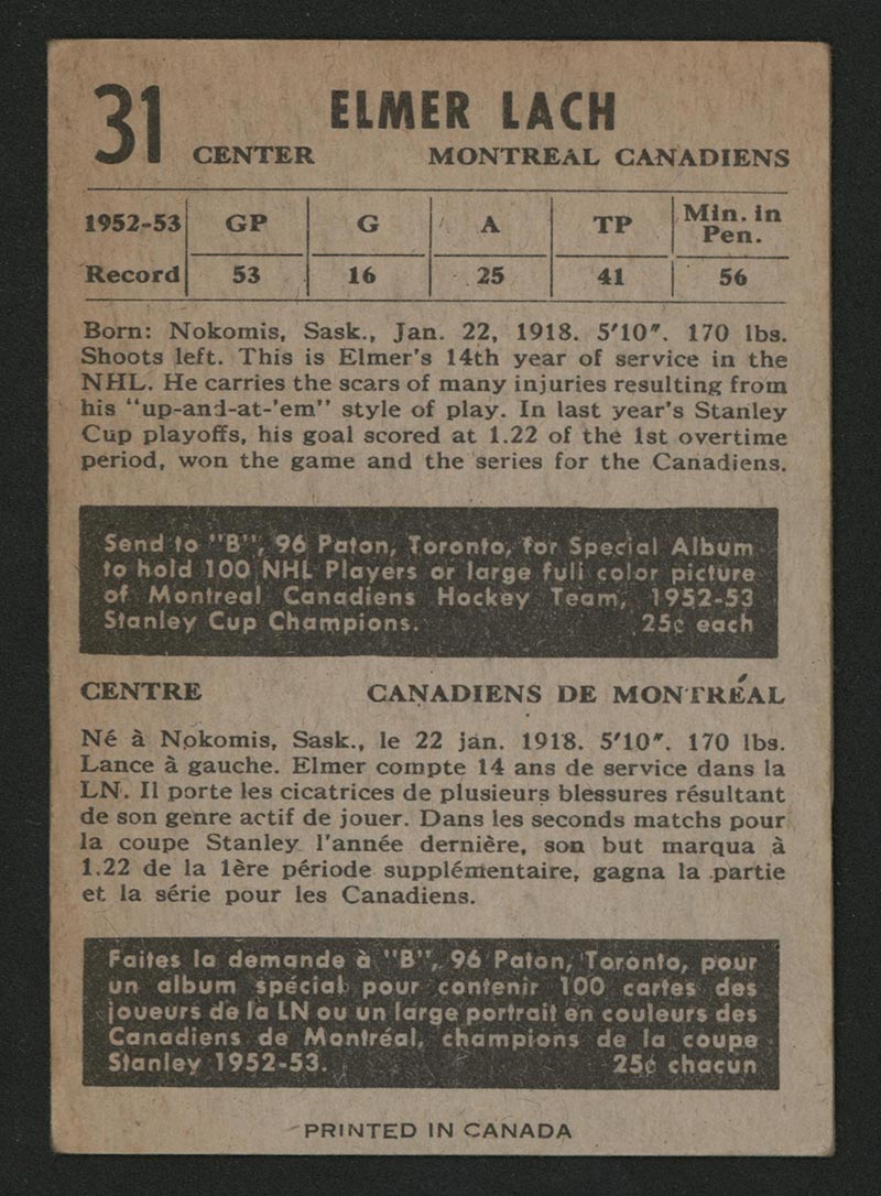 1953-1954 Parkhurst #31 Elmer Lach Montreal Canadiens - Back