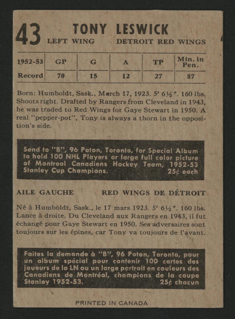 1953-1954 Parkhurst #43 Tony Leswick Detroit Red Wings - Back