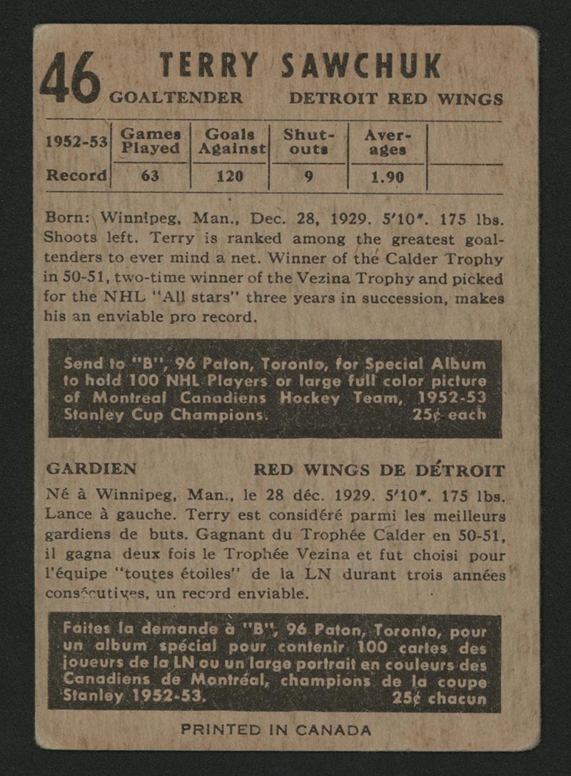 1953-1954 Parkhurst #46 Terry Sawchuk Detroit Red Wings - Back