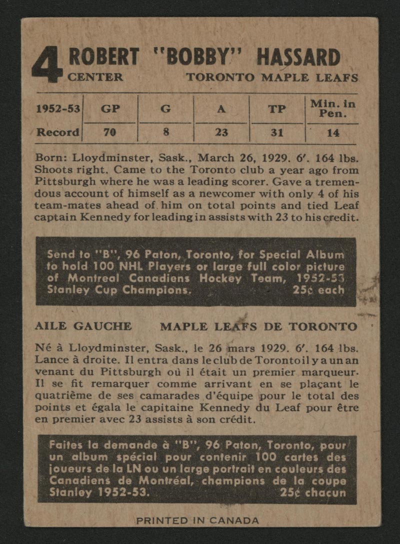 1953-1954 Parkhurst #4 Bob Hassard Toronto Maple Leafs - Back