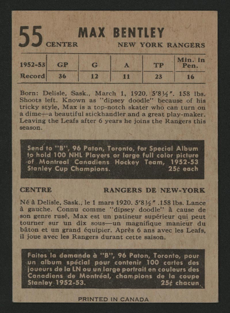 1953-1954 Parkhurst #55 Max Bentley New York Rangers - Back