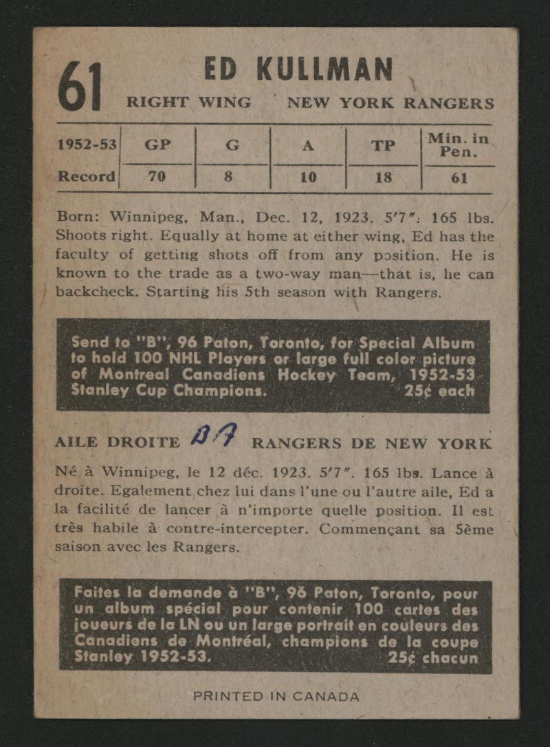 1953-1954 Parkhurst #61 Ed Kullman New York Rangers - Back