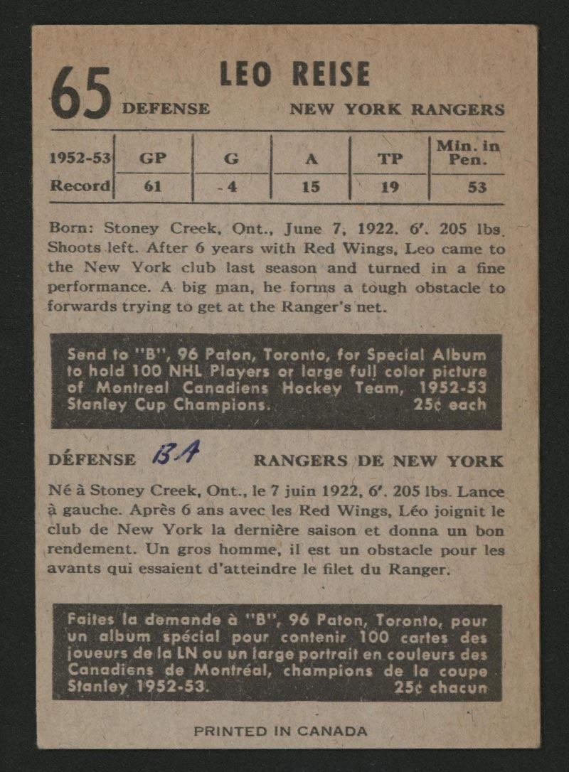 1953-1954 Parkhurst #65 Leo Reise New York Rangers - Back