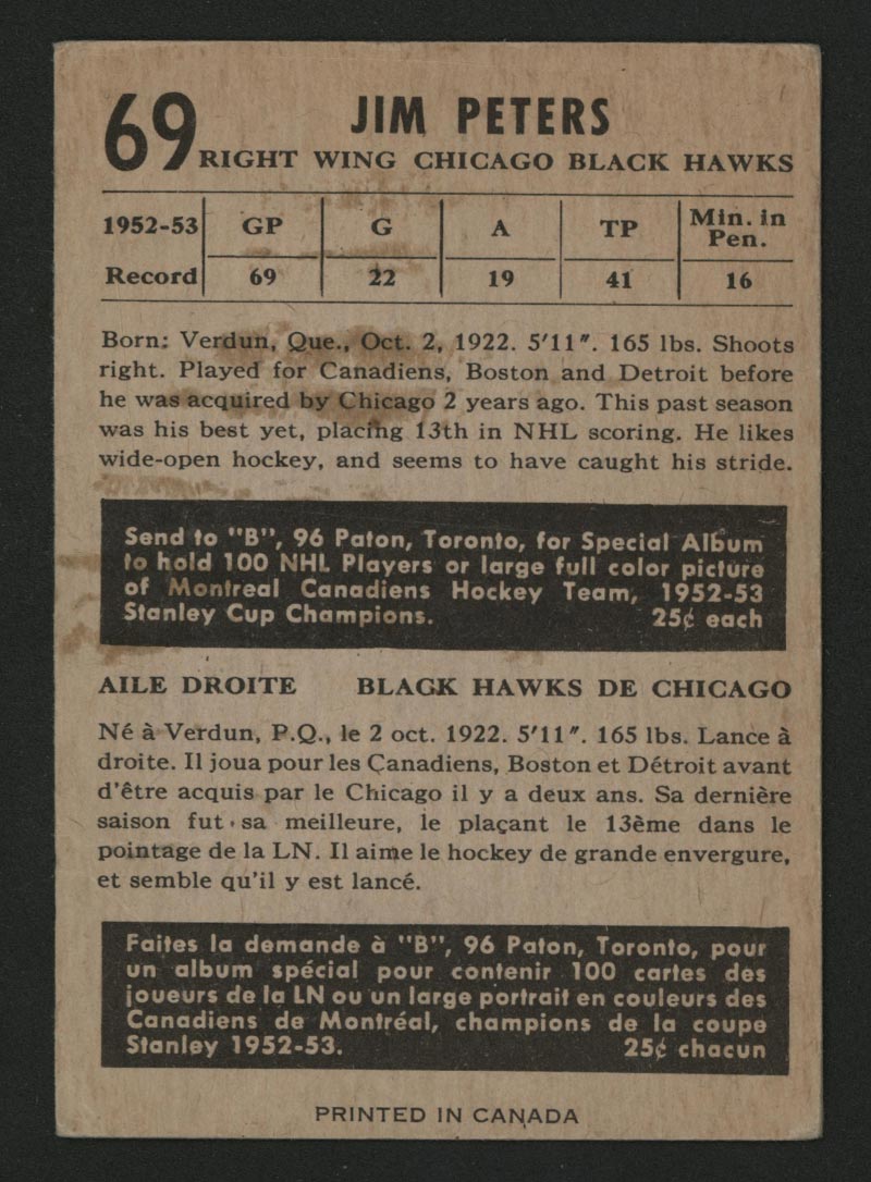 1953-1954 Parkhurst #69 Jim Peters Chicago Black Hawks - Back