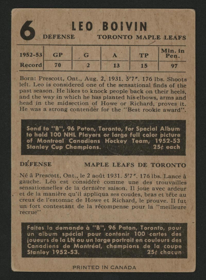 1953-1954 Parkhurst #6 Leo Boivin Toronto Maple Leafs - Back