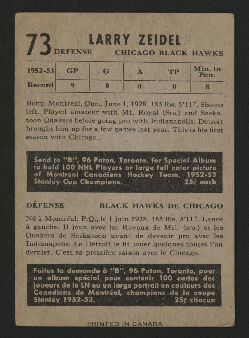 1953-1954 Parkhurst #73 Larry Zeidel Chicago Black Hawks - Back