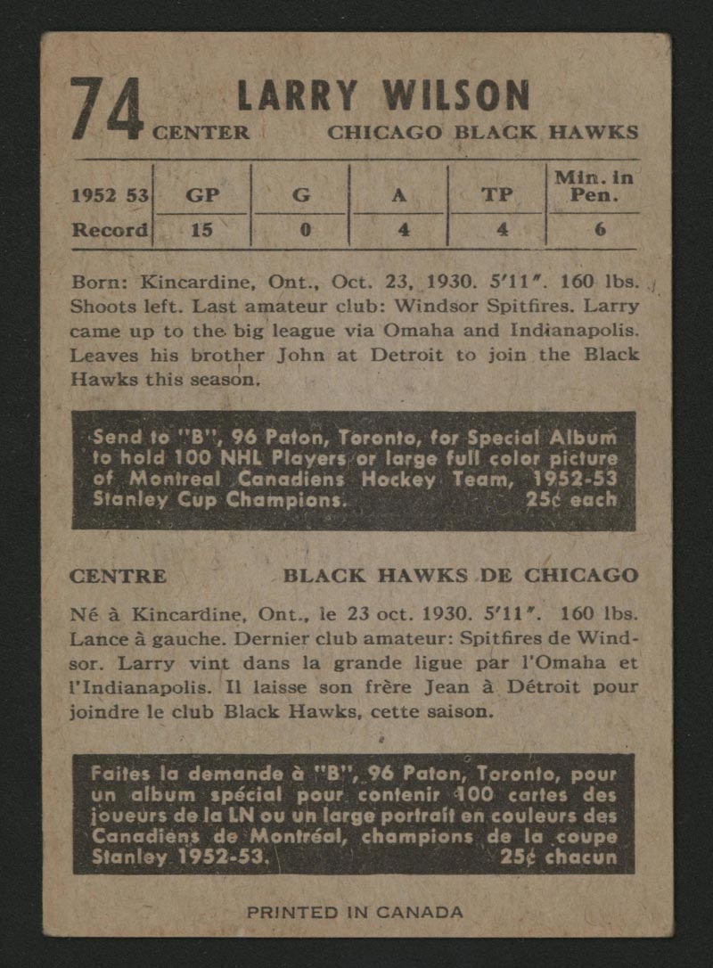 1953-1954 Parkhurst #74 Larry Wilson Chicago Black Hawks - Back