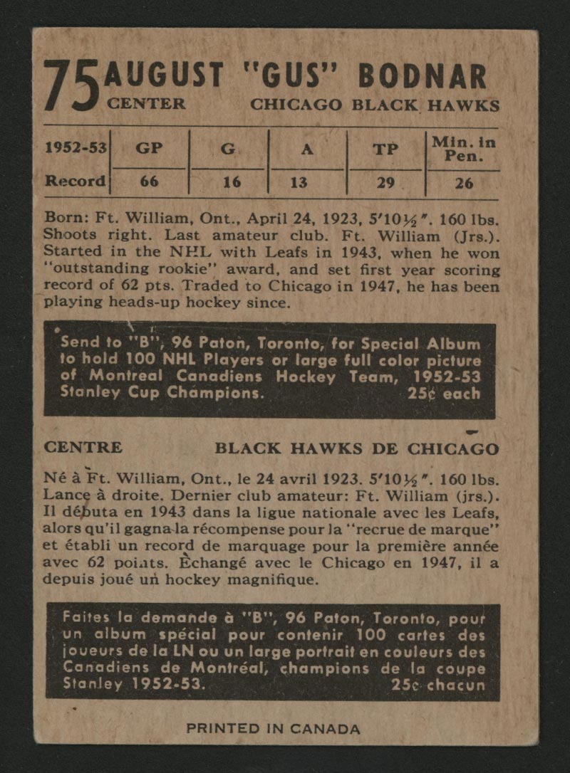 1953-1954 Parkhurst #75 Gus Bodnar Chicago Black Hawks - Back