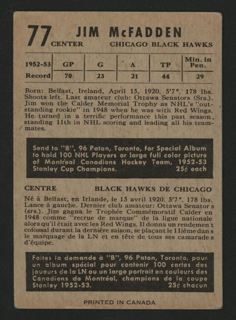 1953-1954 Parkhurst #77 Jim McFadden Chicago Black Hawks - Back