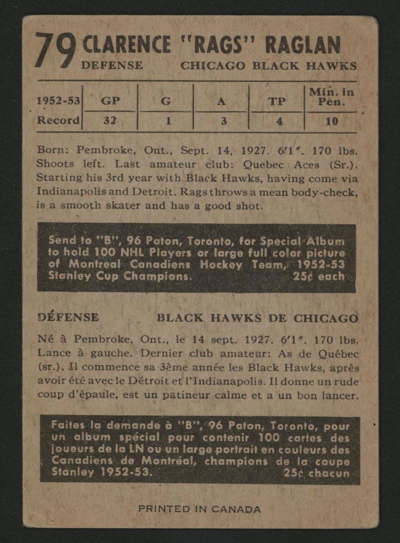 1953-1954 Parkhurst #79 Clare Raglan Chicago Black Hawks - Back