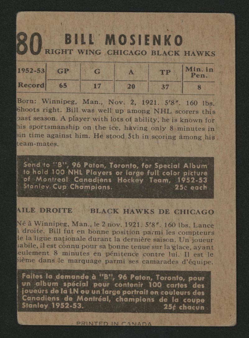 1953-1954 Parkhurst #80 Bill Mosienko Chicago Black Hawks - Back