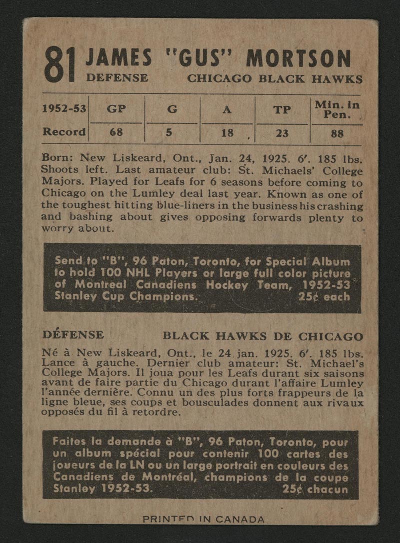 1953-1954 Parkhurst #81 Gus Mortson Chicago Black Hawks - Back