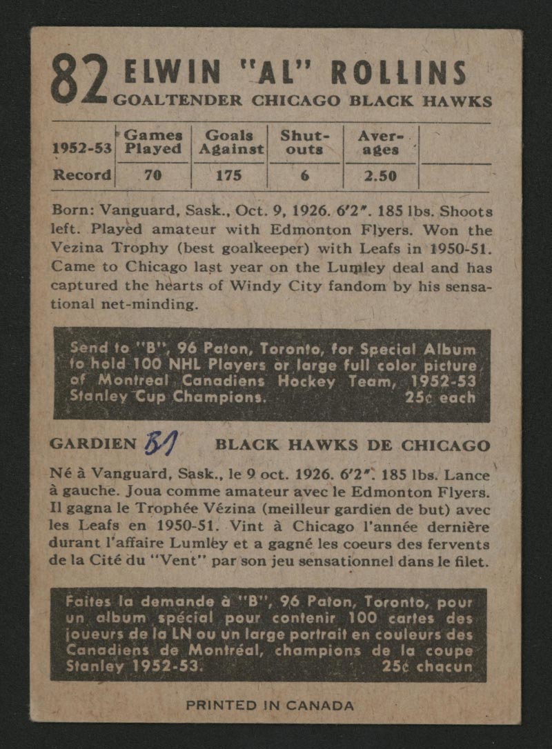 1953-1954 Parkhurst #82 Al Rollins Chicago Black Hawks - Back