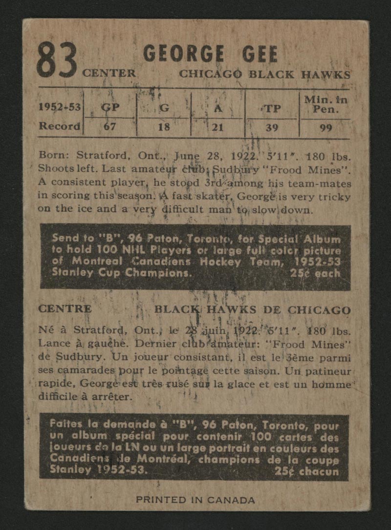 1953-1954 Parkhurst #83 George Gee Chicago Black Hawks - Back