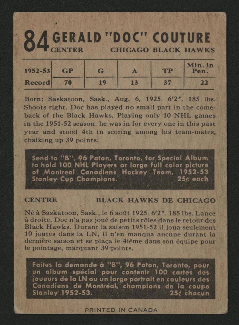 1953-1954 Parkhurst #84 Gerry Couture Chicago Black Hawks - Back