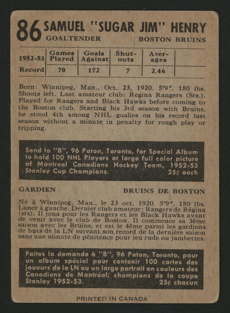 1953-1954 Parkhurst #86 Jim Henry Boston Bruins - Back