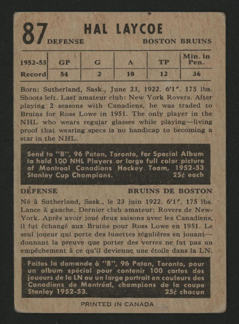 1953-1954 Parkhurst #87 Hal Laycoe Boston Bruins - Back