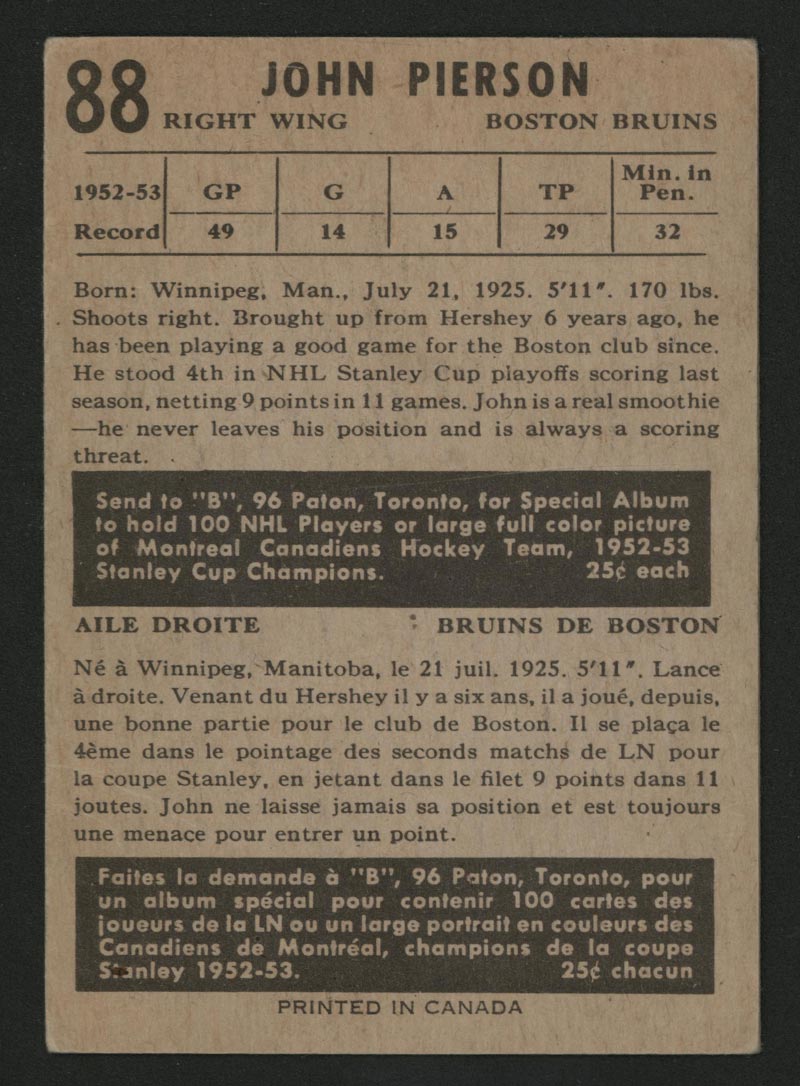 1953-1954 Parkhurst #88 Johnny Peirson Boston Bruins - Back