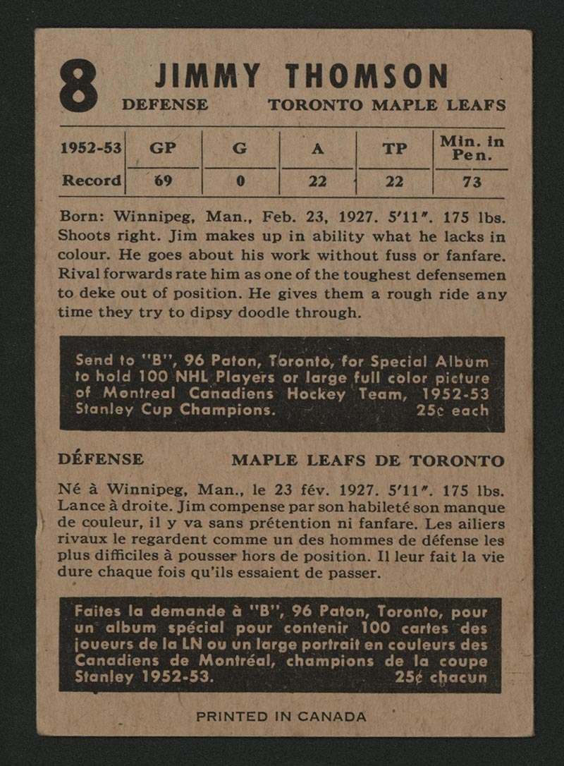 1953-1954 Parkhurst #8 Jim Thomson Toronto Maple Leafs - Back
