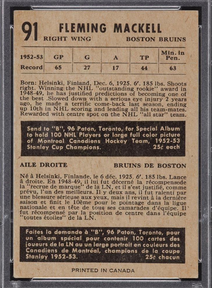 1953-1954 Parkhurst #91 Fleming Mackell (With Bio) Boston Bruins - Back