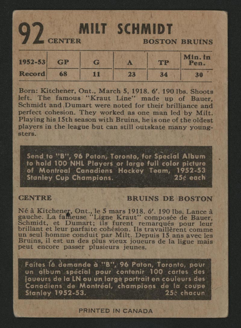 1953-1954 Parkhurst #92 Milt Schmidt Boston Bruins - Back