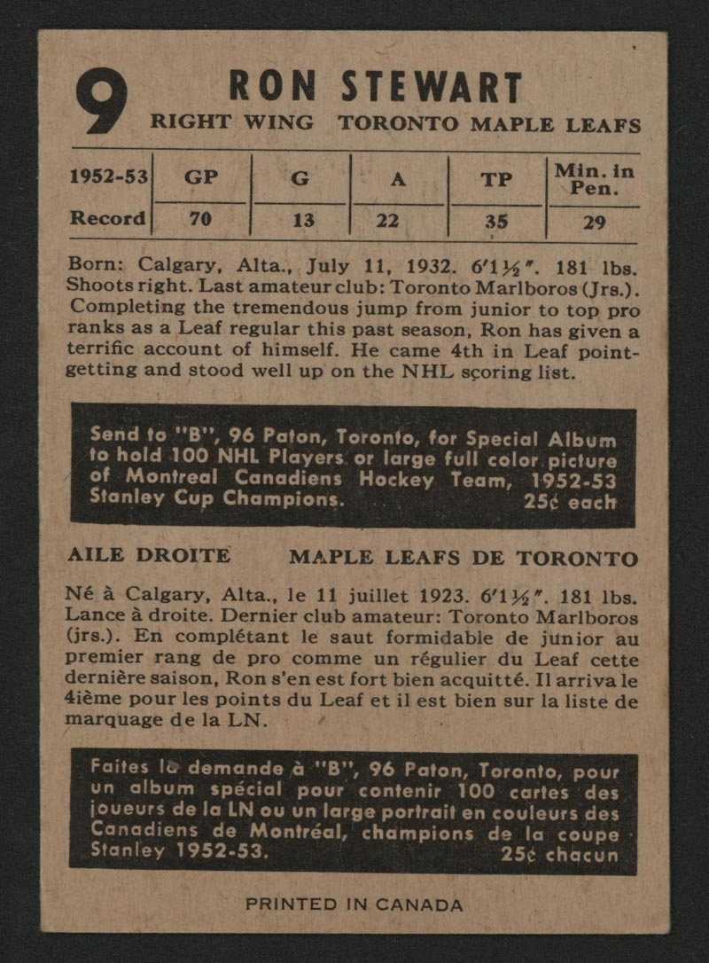 1953-1954 Parkhurst #9 Ron Stewart Toronto Maple Leafs - Back