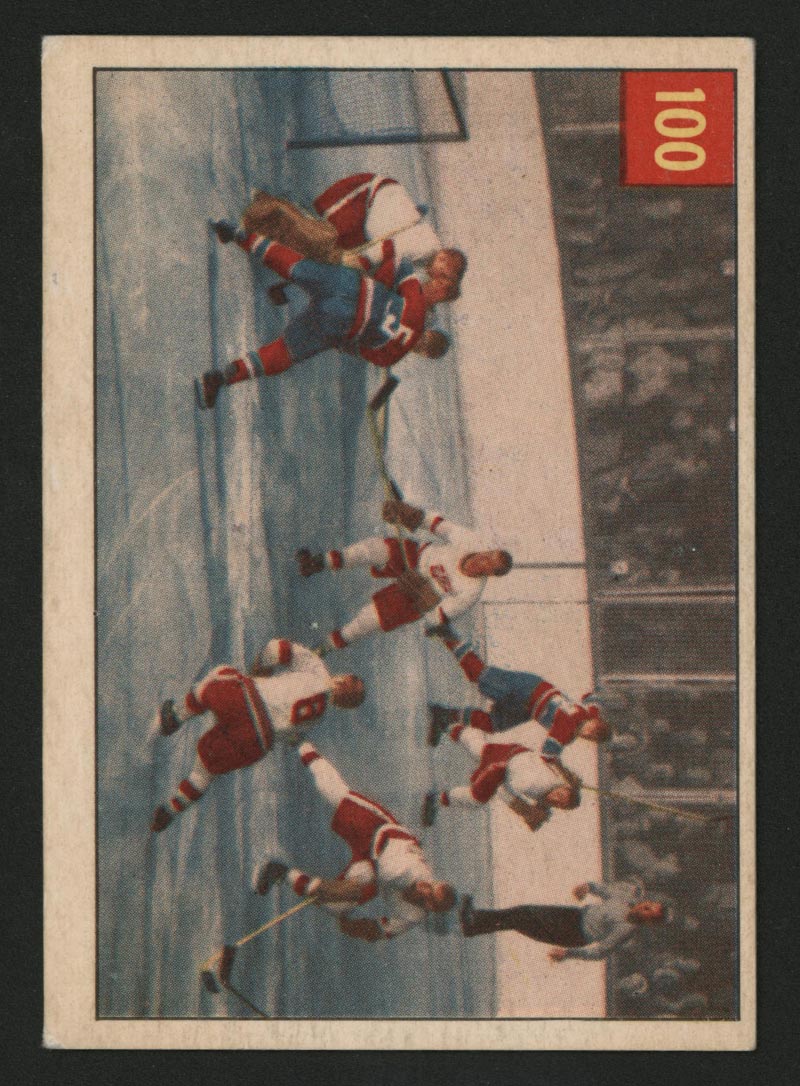 1954-1955 Parkhurst #100 Sawchuk stops Boom Boom - Front