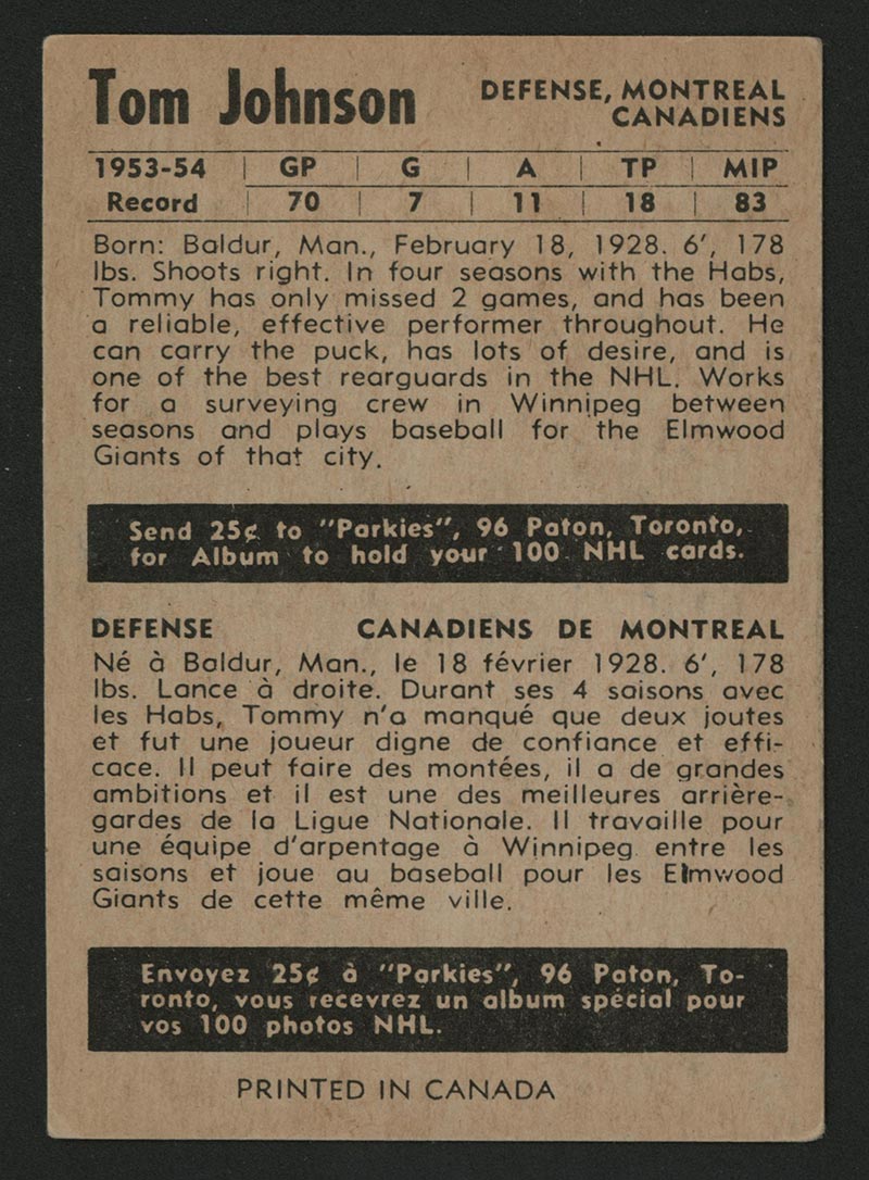 1954-1955 Parkhurst #10 Tom Johnson Montreal Canadiens - Back