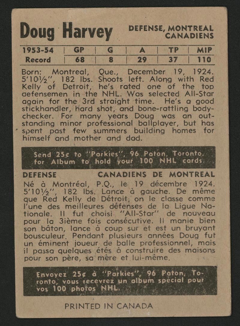 1954-1955 Parkhurst #14 Doug Harvey Montreal Canadiens - Back