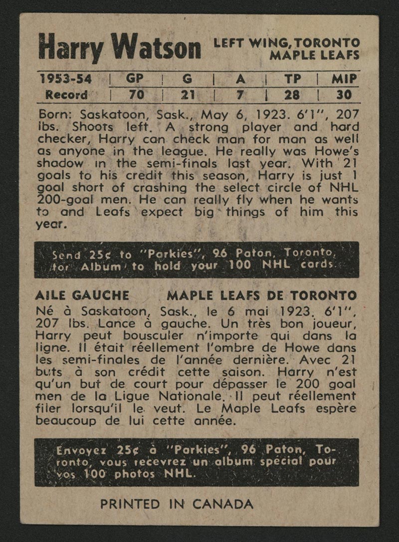1954-1955 Parkhurst #17 Harry Watson Toronto Maple Leafs - Back